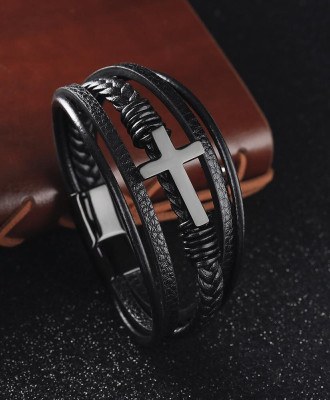 Браслет чоловічий шкіряний з хрестиком Іменний 21см.