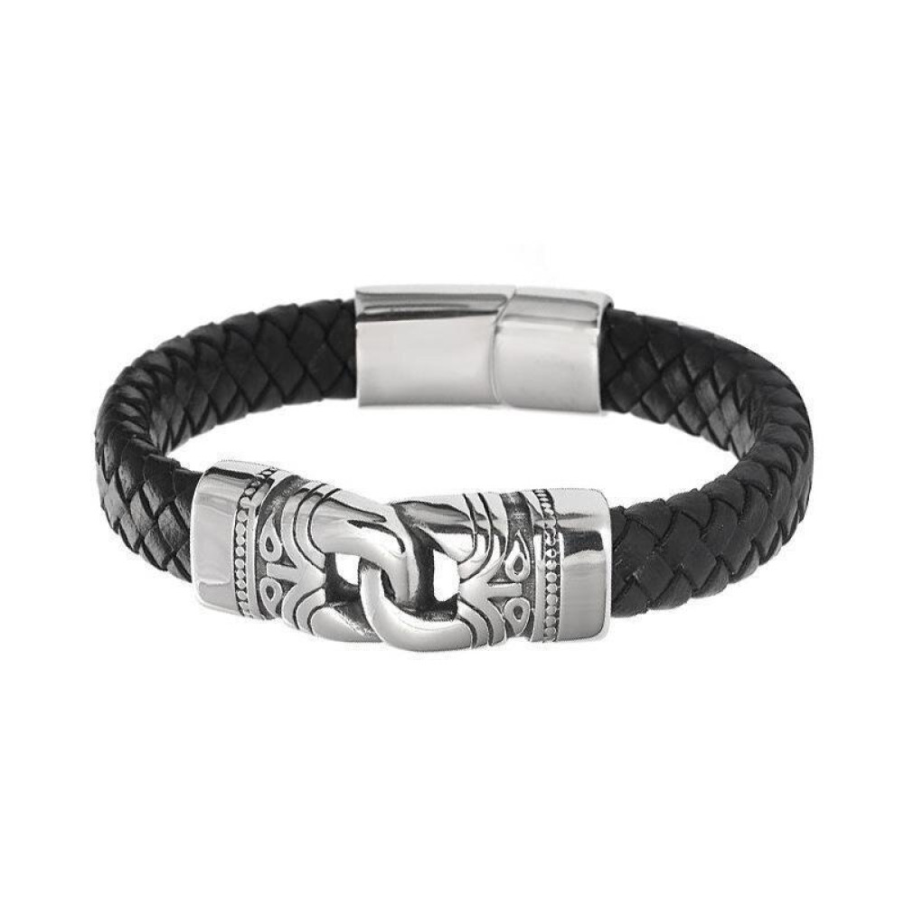 Мужской браслет из кожи и стали в античном стиле (21см)