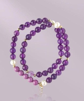 Браслет з уругвайського аметиста, перлин та позолоти 14K